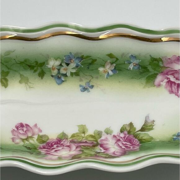 Welmar Germany Marked Antique 9" Oblong Plate Bowl Tray Roses Scallop Edge - Picture 4 of 10